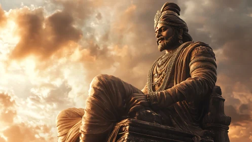 Golden sunset over regal statue of serene seated king.