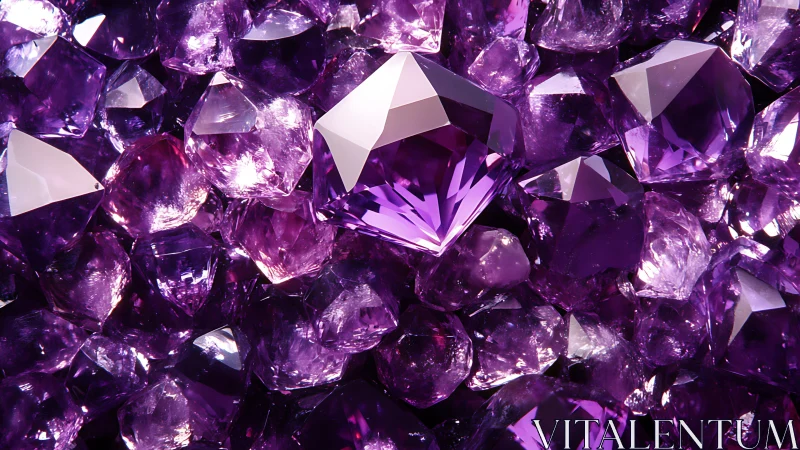 Photorealistic faceted amethyst cluster with central gem focus.