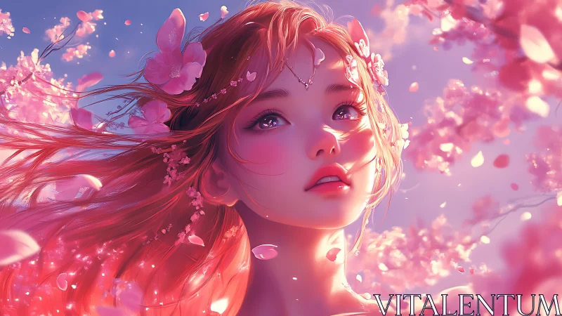 Anime blossom portrait with ethereal soft light rendering.