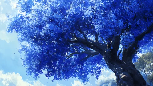 Saturated cobalt tree canopy against bright summer sky.