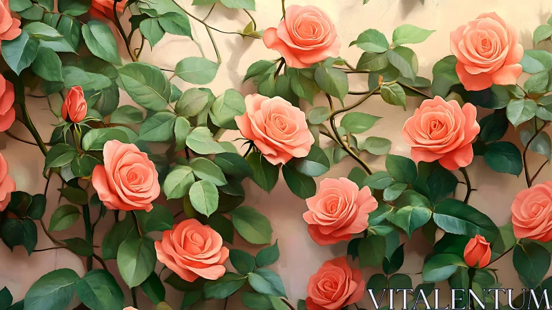 Coral roses with green foliage arranged on neutral background surface.