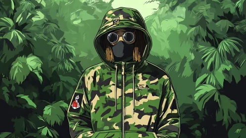 Camouflaged hooded figure stands masked within stylized jungle