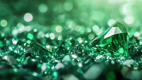 Luminous green gemstones sparkling in a dreamy glow.