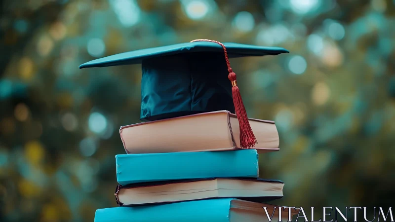 Graduation cap rests on stacked books against soft bokeh