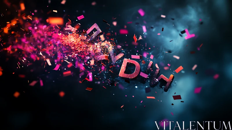 Shattered neon letters explode into a storm of glowing confetti