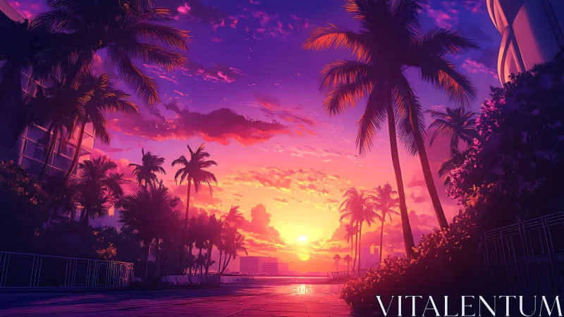 Neon dusk palms guard a glowing synthwave seaside horizon.