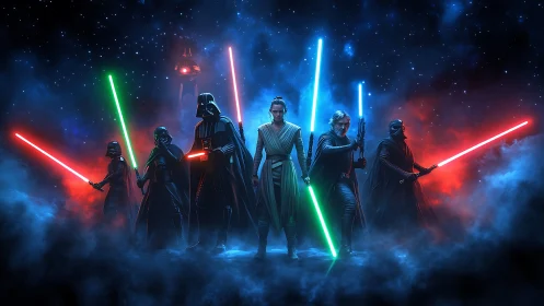 Epic sci‑fi warriors ignite glowing energy blades in starlight.