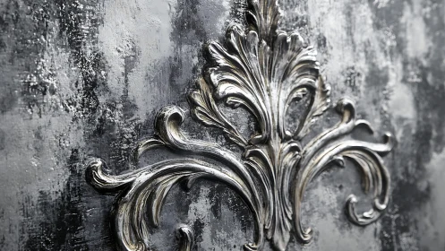 Ornate silver baroque motif gleams on textured grey wall