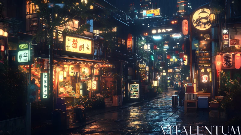 Cyberpunk night market street with neon signage and rain-soaked stone.