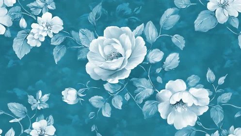 White and light blue flowers rendered against deep teal background.