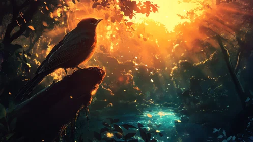 Backlit forest songbird on mossed log in volumetric dawn glow.