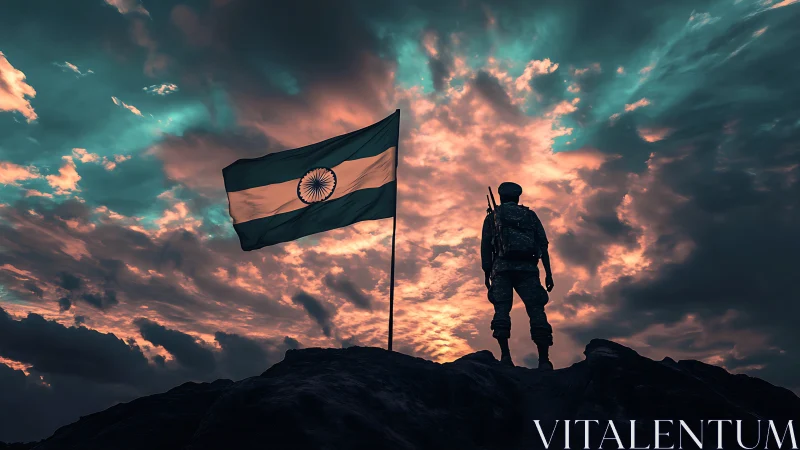 Stormlit sky crowns lone soldier as the tricolor roars high