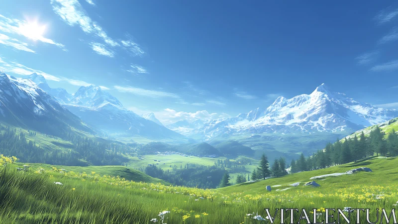 Digital matte alpine panorama with luminous valley depth.