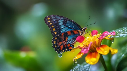 Vibrant butterfly rests on dewy flower in lush garden light