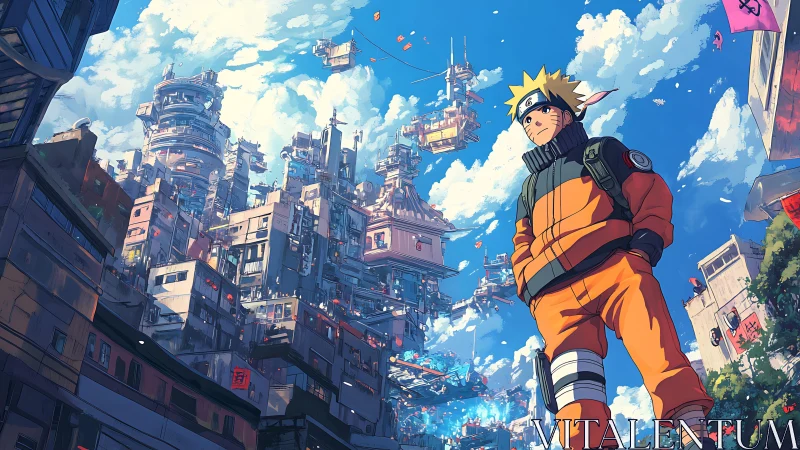 Orange-clad ninja figure in dense futuristic vertical megacity