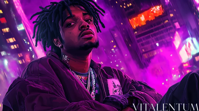 Neon purple night swagger in a rain misted cityscape.