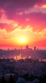 Sunfire skies crown a luminous city of domes and towers.