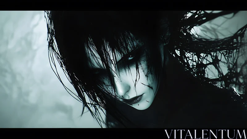 Ink-veiled wraith girl staring through tattered midnight strands.