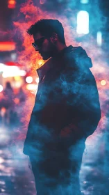 Silhouetted man in colored smoke on urban night street.