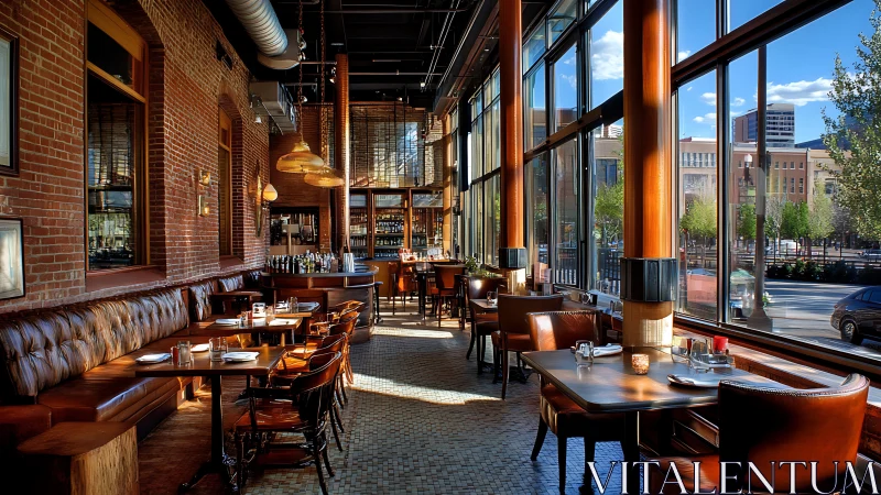 Sunlit brick-walled restaurant interior with large street windows