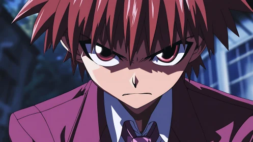 Intense red haired anime boy in uniform stares forward.