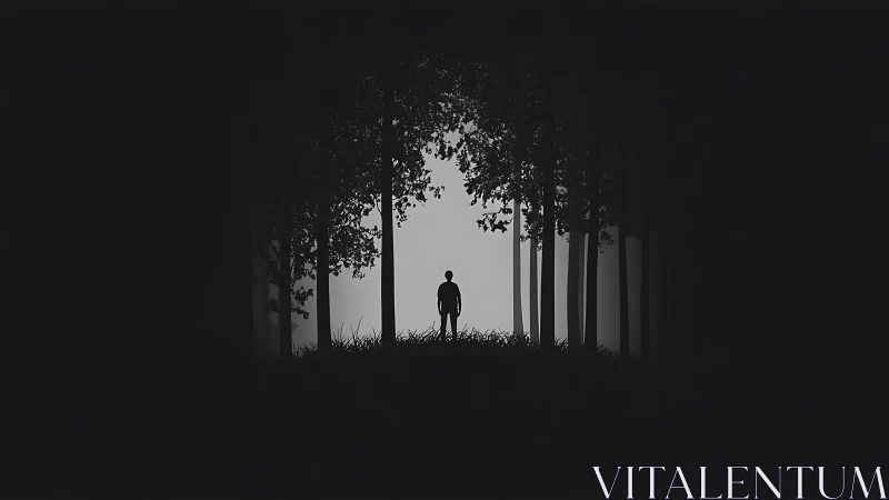 A Solitary Figure Finds Light Through the Forest Canopy