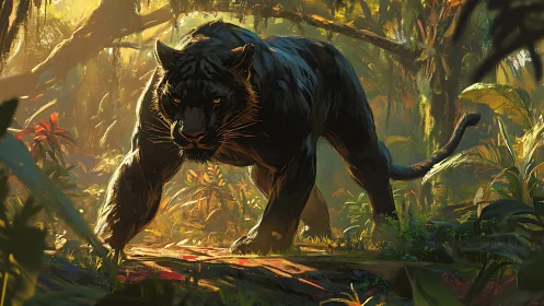Black Panther Prowling Through Dense Jungle With Golden Dappled Light