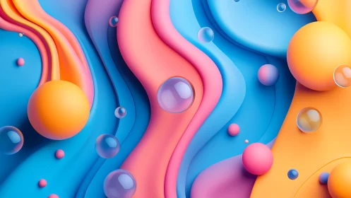 Colorful abstract waves and spheres in playful motion.