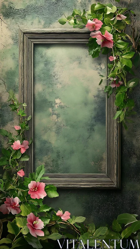 Empty rustic wooden frame wrapped in pink floral vines.
