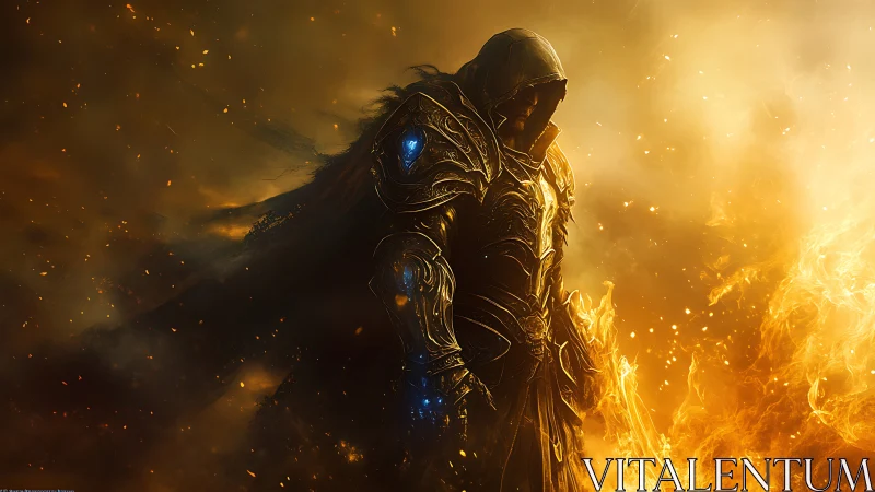 Hooded armored figure stands amid dense golden fire haze