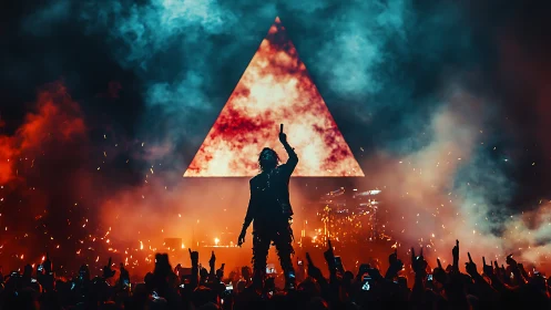 Stage silhouette with fiery triangular LED concert backdrop.