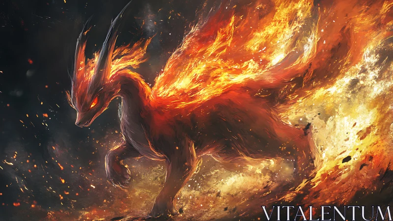 Fiery fox beast runs through molten inferno with blazing speed