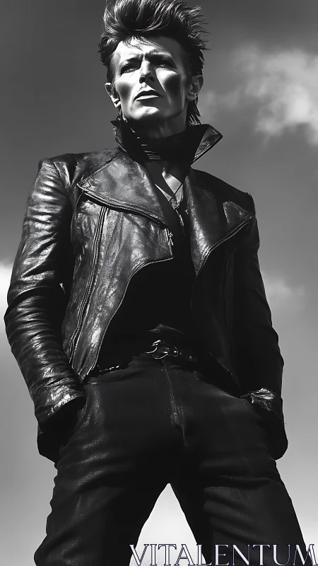 Monochrome low angle portrait of person in leather outfit.