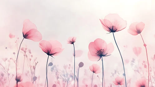 Soft-focus translucent pink poppies in high-key minimal field