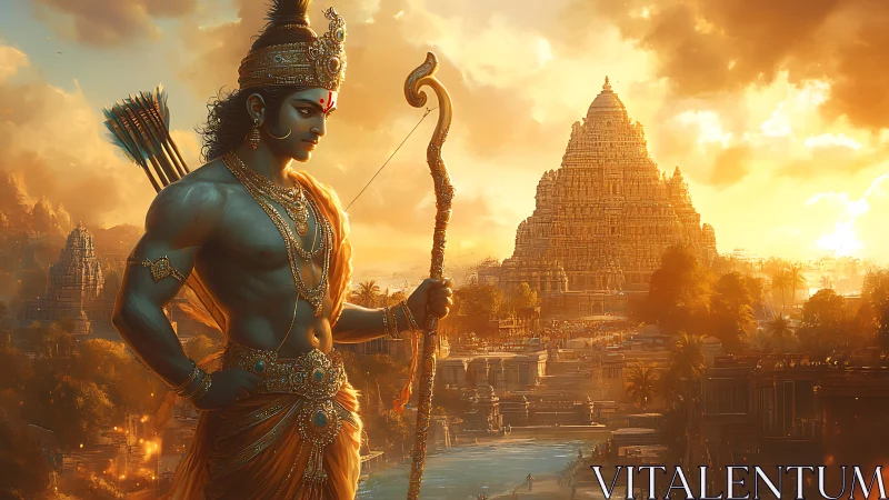 Sun-drenched warrior prince guarding a golden temple city.