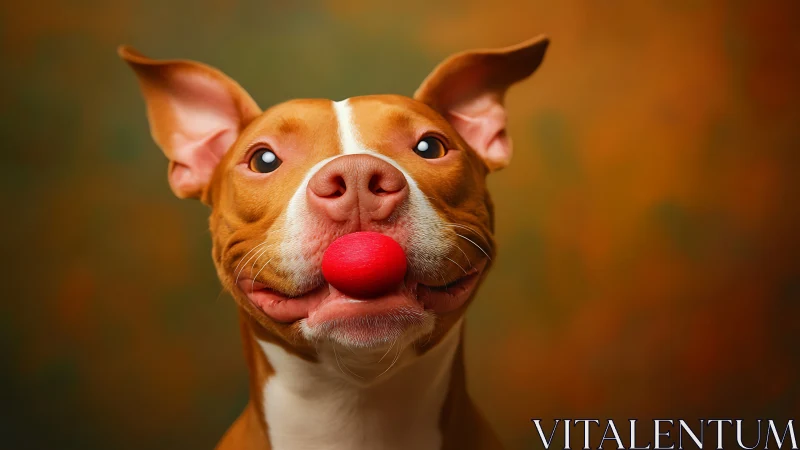 Canine Holding Red Sphere, Neutral Tone Background