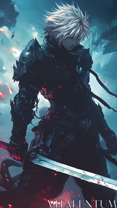 White haired cyber knight holding bloodstained blade.