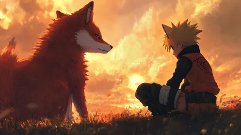 Boy and fox sit quietly under dramatic sunset sky.