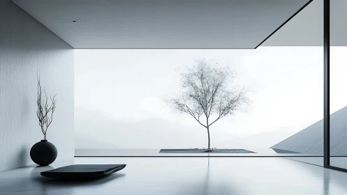 Minimalist Interior Rendering: Monochromatic Atrium with Sculptural Tree