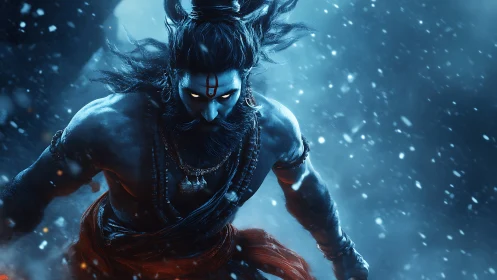 Mythic warrior with glowing eyes in icy storm scene.