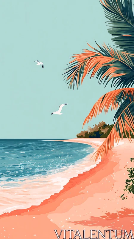 Tropical Beach Scene: Palm Fronds, Coastal Birds, Turquoise Waters