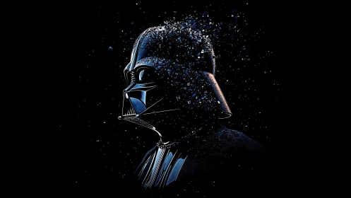 Shattered dark helmet in dissolving side-profile silhouette.