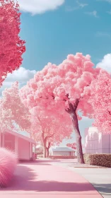 Infrared-style streetscape shows pink foliage and buildings