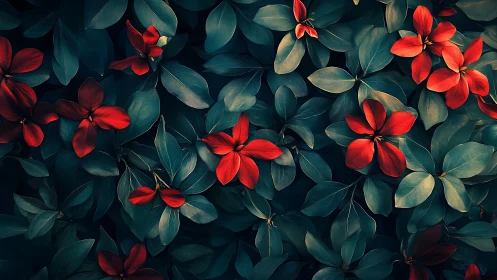 Red flowers with teal leaves in overhead composition