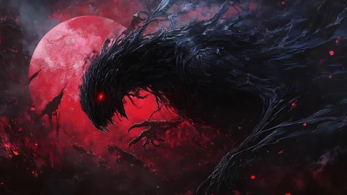 Cosmic shadow wraith emerging before a blood red moon