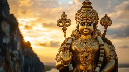 Sunlit golden deity stands serene against blazing cliffs.