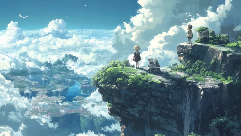 Skyward explorers on sunlit cliffs above cloud islands.