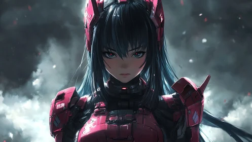 Cybernetic warrior girl in crimson armor amid storm clouds.