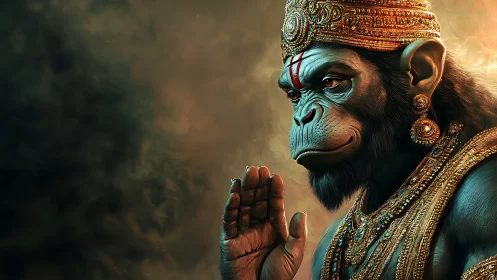 Divine simian warrior raises blessing hand in smoke-lit glow.