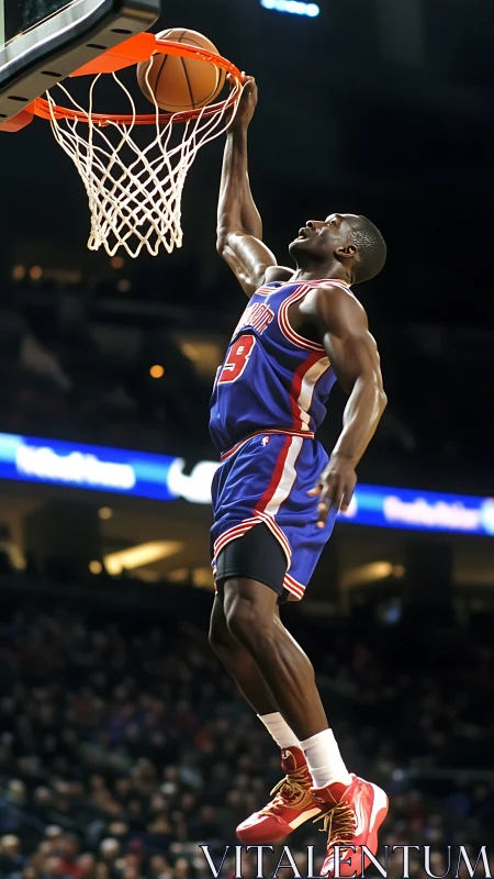 High vertical leap captured in dynamic basketball slam dunk shot